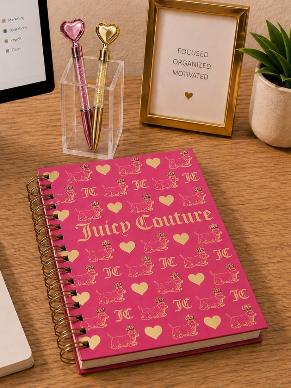 Juicy Couture Hot Pink Spiral Notebook/Journal with 2 Heart Pens
